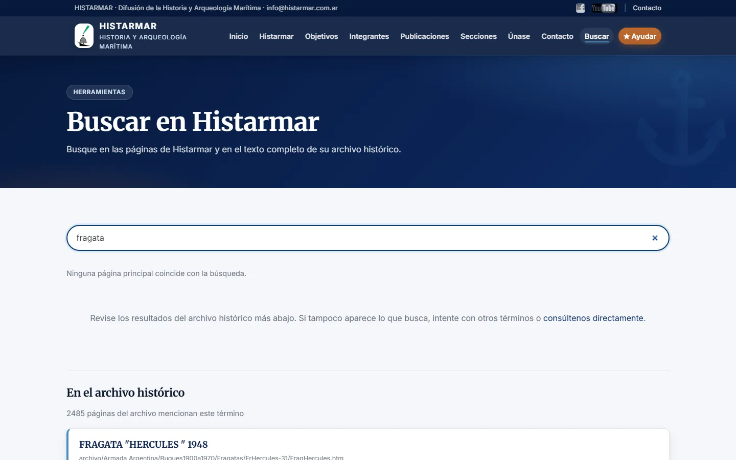 Buscador de Histarmar con la búsqueda «fragata»: 2.485 páginas del archivo mencionan el término.