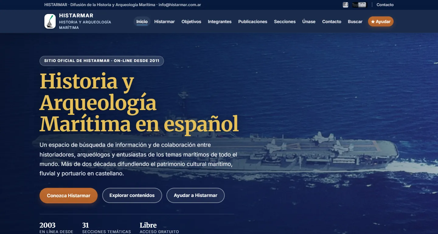 Portada de histarmar.com.ar: título en dorado sobre la foto de un buque en el mar y botones de acción.