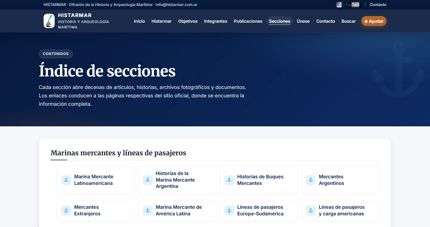 Índice de secciones de Histarmar organizado en tarjetas por tema.