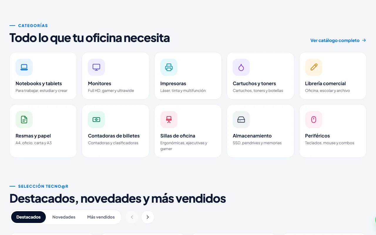 Grilla de diez categorías de Tecno@r con íconos: notebooks, monitores, impresoras, cartuchos, librería, resmas, contadoras, sillas, almacenamiento y periféricos.