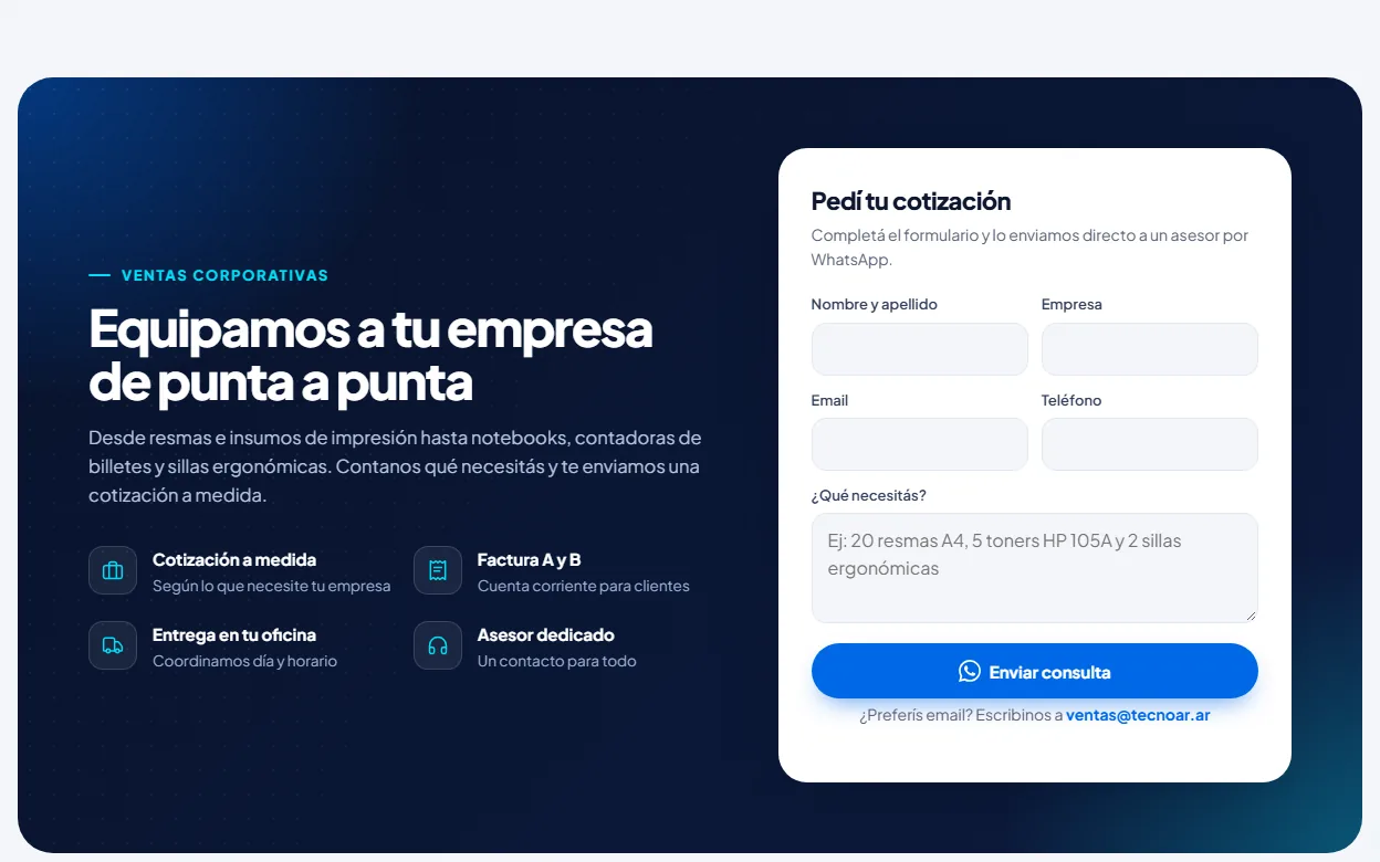 Sección de ventas corporativas de Tecno@r con un formulario para pedir una cotización que llega por WhatsApp.