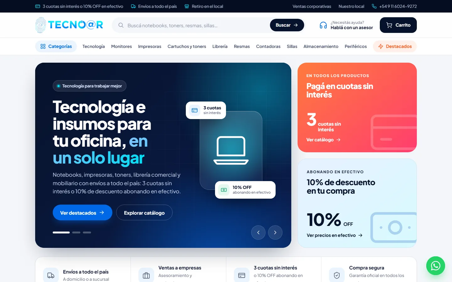 Portada de la tienda Tecno@r: logo, buscador, menú de categorías y la promo de 3 cuotas sin interés o 10 % de descuento en efectivo.